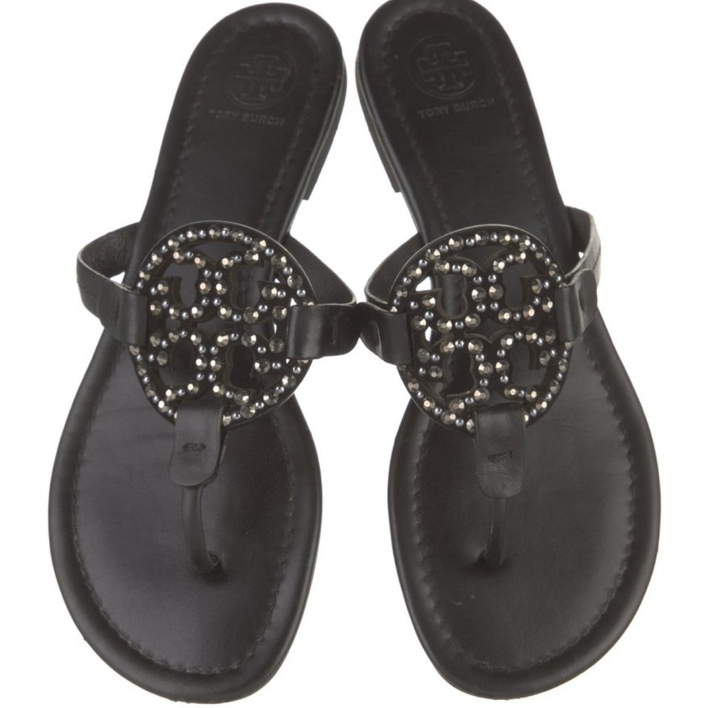 Tory Burch Miller Sandals – Black Leather with Crystal Logo (Size 8)